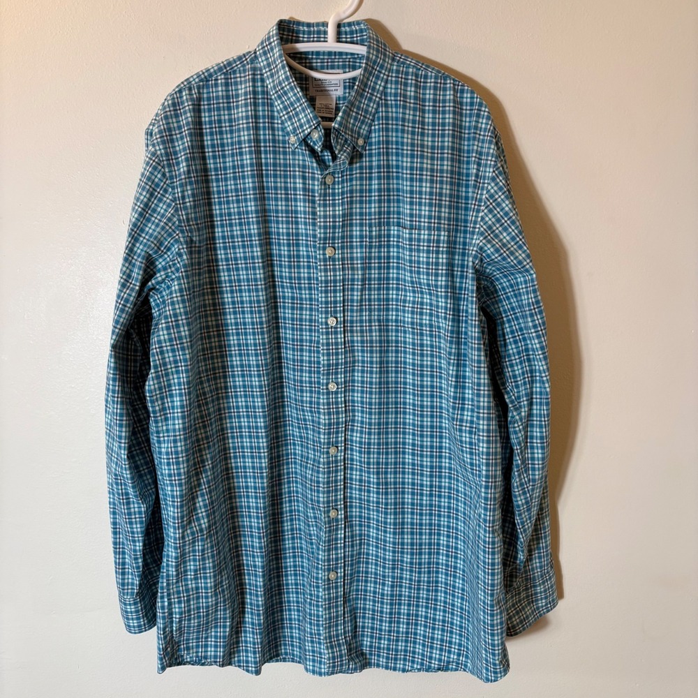 L.L. Bean Traditional Fit Plaid Button Down Shirt Teal Blue Size Large Tall‎